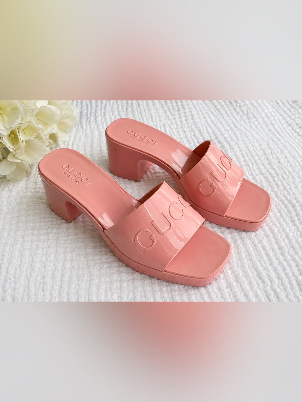 Gucci Pink Rubber Platform Logo Slide Sandals EU 39 Made in Italy Women’s